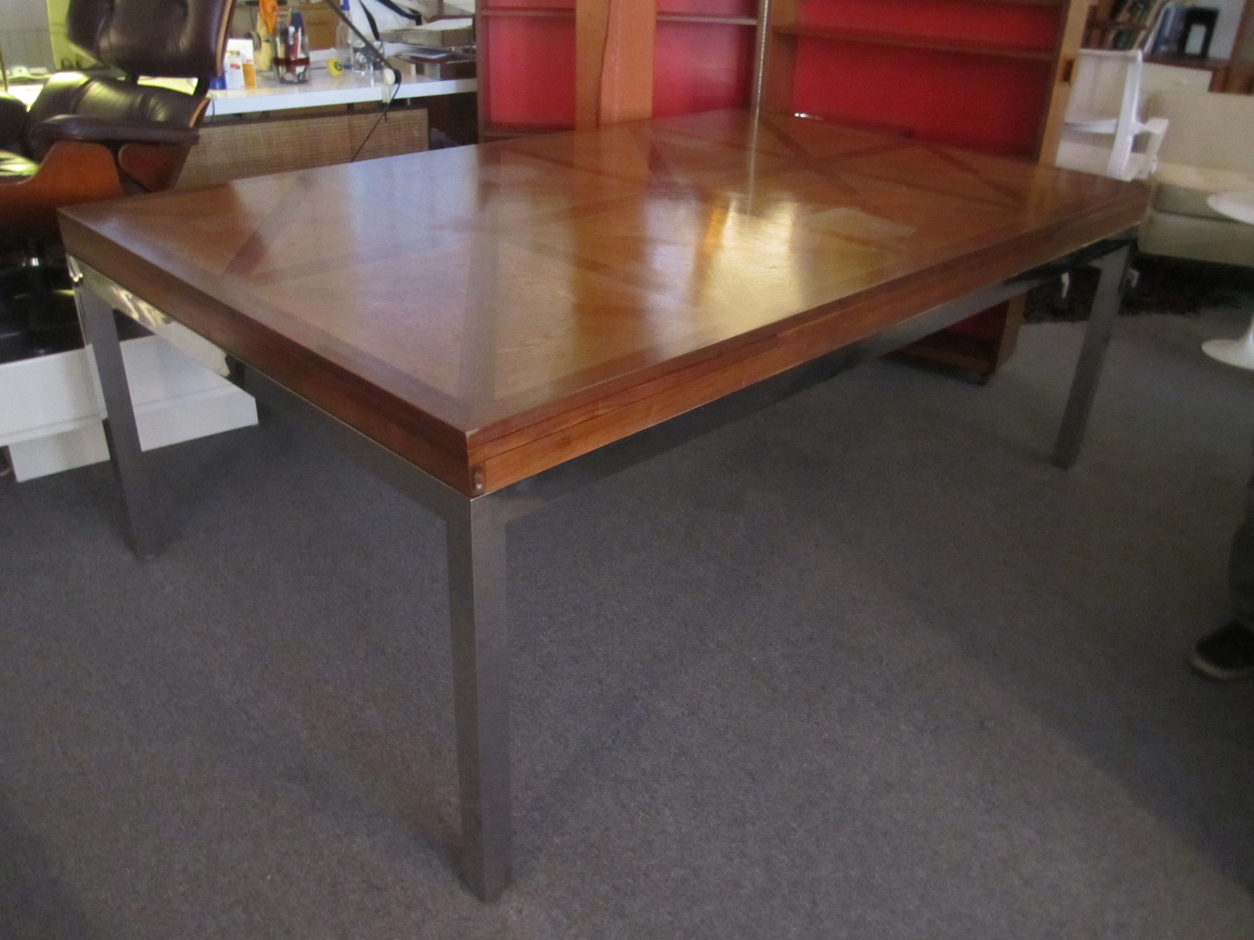 Custom Oak Parkay Top Dining Table on Chrome Support